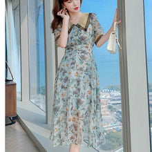 Load image into Gallery viewer, 2021 New Arrival Summer Retro Peter Pan Collar Flower Print Short Sleeve Women Chiffon A-line Dress Vestidos Female