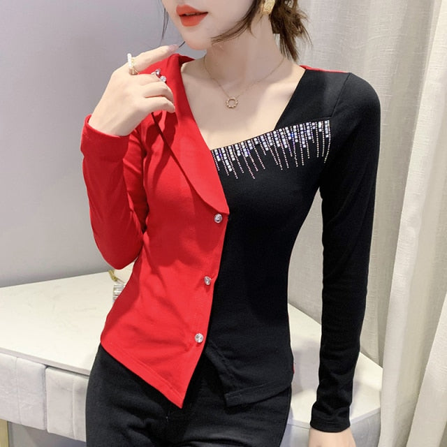 2021 New Autumn Long Sleeve Women's T-Shirt Fashion Casual V-Neck Diamond Tops Plus Size V-Neck Women Clothing