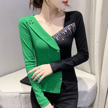 Load image into Gallery viewer, 2021 New Autumn Long Sleeve Women&#39;s T-Shirt Fashion Casual V-Neck Diamond Tops Plus Size V-Neck Women Clothing