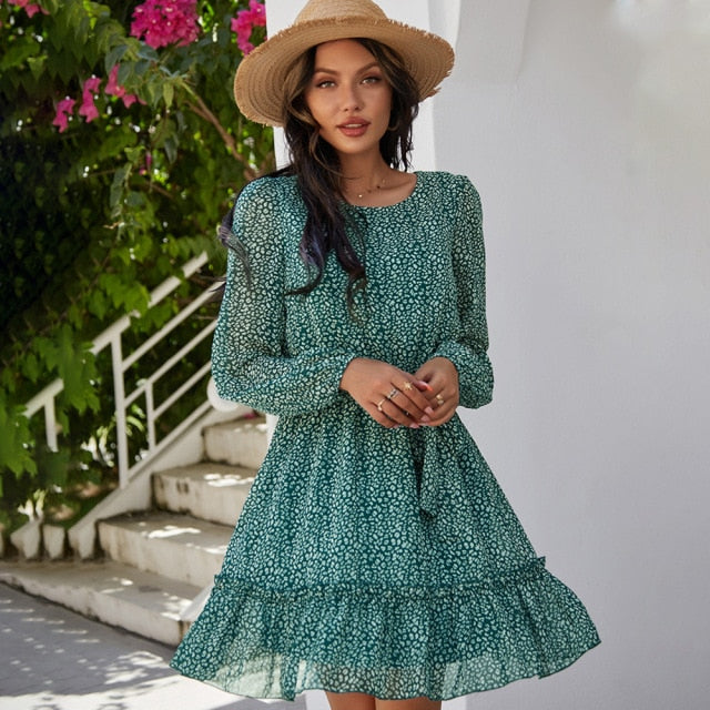 2021 New Autumn O-neck Dress Women Printing Long-Sleeve Casual Loose Dot Plue Size Dress Elegant Lace Up Party Mini Dresses