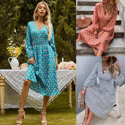 2021 New Autumn Vintage Women Retro V Neck Floral Dress Slim Long Blue Vestidos Elegant Long Sleeve Boho Midi Dresses Femme