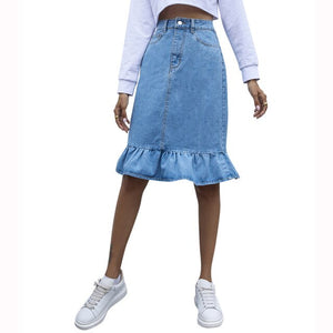2021 New Autumn Winter Fashion High-waist Ruffled Denim Skirt Casual  Knee Length Jeans Skirt