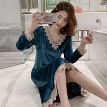 Load image into Gallery viewer, 2021 New Autumn Winter Sexy Lace V-neck Gold Velvet Long Dress Nightgowns for Women Long Sleeve Sleepwear Night Dress Nightdress