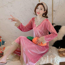 Load image into Gallery viewer, 2021 New Autumn Winter Sexy Lace V-neck Gold Velvet Long Dress Nightgowns for Women Long Sleeve Sleepwear Night Dress Nightdress