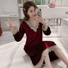 Load image into Gallery viewer, 2021 New Autumn Winter Sexy Lace V-neck Gold Velvet Long Dress Nightgowns for Women Long Sleeve Sleepwear Night Dress Nightdress