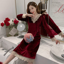 Load image into Gallery viewer, 2021 New Autumn Winter Sexy Lace V-neck Gold Velvet Long Dress Nightgowns for Women Long Sleeve Sleepwear Night Dress Nightdress