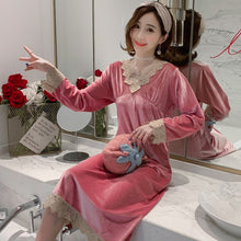 Load image into Gallery viewer, 2021 New Autumn Winter Sexy Lace V-neck Gold Velvet Long Dress Nightgowns for Women Long Sleeve Sleepwear Night Dress Nightdress