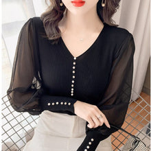 Load image into Gallery viewer, 2021 New Black V-neck Elegant Pullover Top Harajuku Bottoming Shirt White Chiffon Bubble Knit Sexy Slim Sweater For Women Autumn