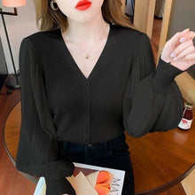 Load image into Gallery viewer, 2021 New Black V-neck Elegant Pullover Top Harajuku Bottoming Shirt White Chiffon Bubble Knit Sexy Slim Sweater For Women Autumn