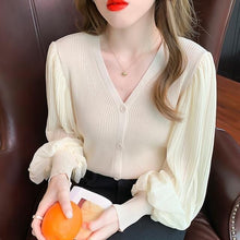 Load image into Gallery viewer, 2021 New Black V-neck Elegant Pullover Top Harajuku Bottoming Shirt White Chiffon Bubble Knit Sexy Slim Sweater For Women Autumn