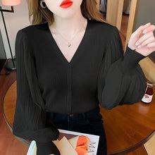 Load image into Gallery viewer, 2021 New Black V-neck Elegant Pullover Top Harajuku Bottoming Shirt White Chiffon Bubble Knit Sexy Slim Sweater For Women Autumn