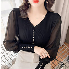 Load image into Gallery viewer, 2021 New Black V-neck Elegant Pullover Top Harajuku Bottoming Shirt White Chiffon Bubble Knit Sexy Slim Sweater For Women Autumn