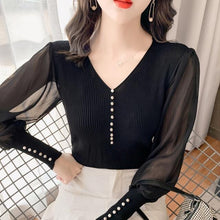 Load image into Gallery viewer, 2021 New Black V-neck Elegant Pullover Top Harajuku Bottoming Shirt White Chiffon Bubble Knit Sexy Slim Sweater For Women Autumn