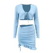 Load image into Gallery viewer, 2021 New Bow Lace Crop Top Asymmetrical Shirring Skirt Two Piece Set For Women Sexy Solid Navel Slim Ruffles Skirt Suit