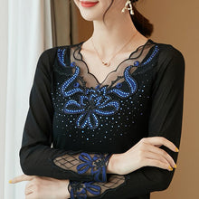 Load image into Gallery viewer, 2021 New Bright Silk Mesh T-shirt Fashion Casual Long-sleeved Slim Korean Black Tops Elegant Slim Diamond Female Blusas