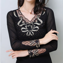 Load image into Gallery viewer, 2021 New Bright Silk Mesh T-shirt Fashion Casual Long-sleeved Slim Korean Black Tops Elegant Slim Diamond Female Blusas