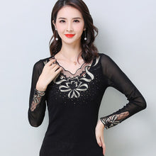 Load image into Gallery viewer, 2021 New Bright Silk Mesh T-shirt Fashion Casual Long-sleeved Slim Korean Black Tops Elegant Slim Diamond Female Blusas