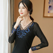 Load image into Gallery viewer, 2021 New Bright Silk Mesh T-shirt Fashion Casual Long-sleeved Slim Korean Black Tops Elegant Slim Diamond Female Blusas