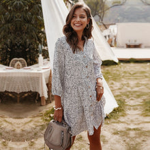 Load image into Gallery viewer, 2021 New Casual Summer Dress Women Single Breasted Dot Print Above Knee Mini V-neck Three Quarter Sleeve Dress