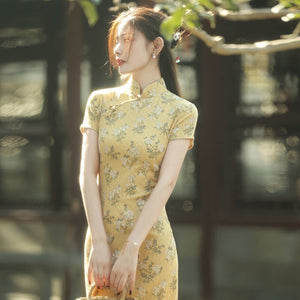 2021 New Chinese Qipao Cheongsam Summer Young Style Improved Dress Yellow Daily Girl Retro Temperament New Evening Party Gown