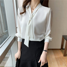 Load image into Gallery viewer, 2021 New Fashion Chiffon Women Blouse and Tops Office Long Sleeve White Women Shirts with Tie V Neck Loose Female Clothing