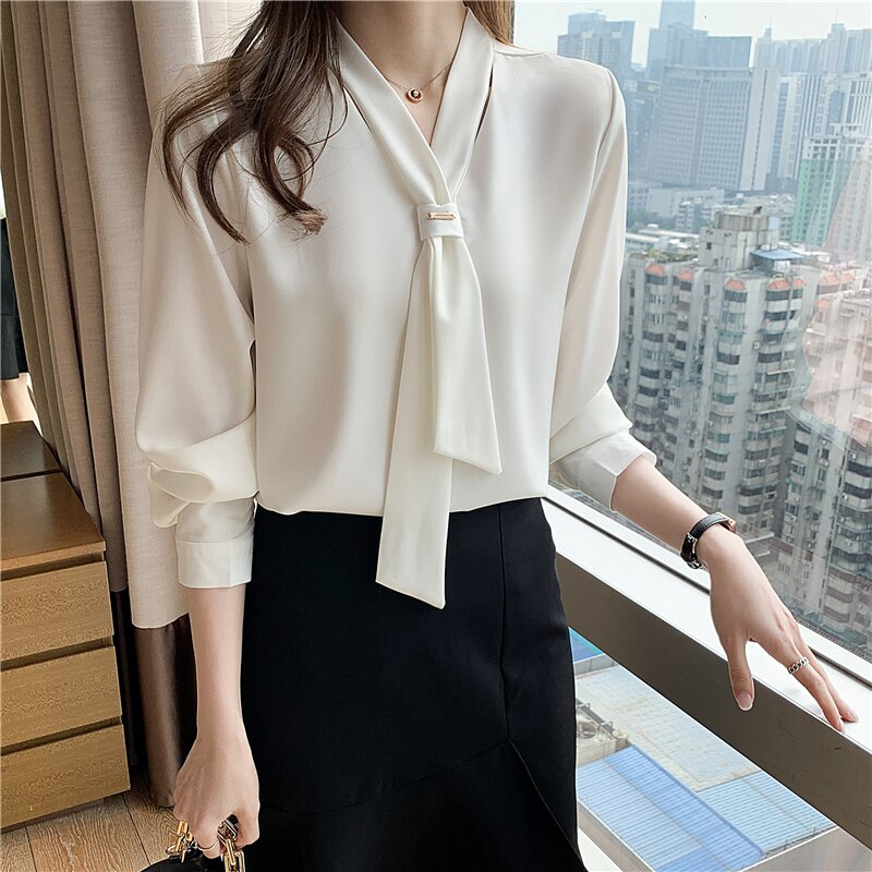 2021 New Fashion Chiffon Women Blouse and Tops Office Long Sleeve White Women Shirts with Tie V Neck Loose Female Clothing