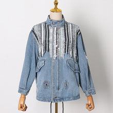 Load image into Gallery viewer, 2021 New Fashion Collar Sequin Splicing Pocket Drawstring Cropped Denim Top Coat Jeans Patchwork Oversized Jean Jacket Women