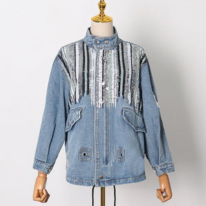 2021 New Fashion Collar Sequin Splicing Pocket Drawstring Cropped Denim Top Coat Jeans Patchwork Oversized Jean Jacket Women