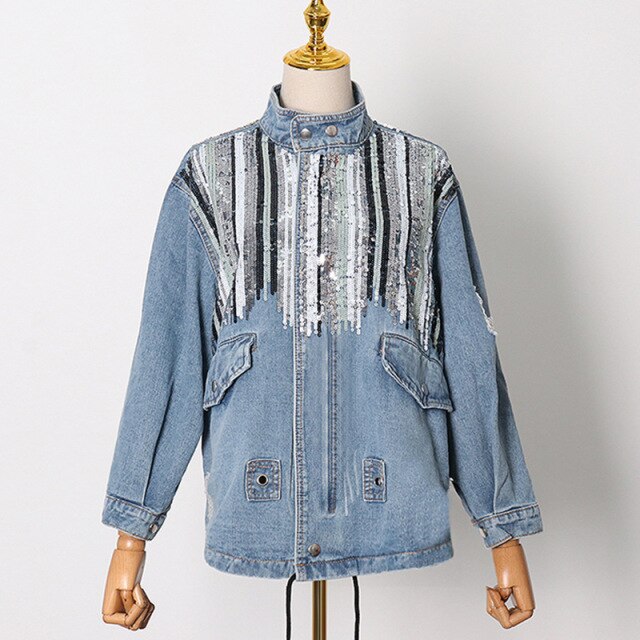 2021 New Fashion Collar Sequin Splicing Pocket Drawstring Cropped Denim Top Coat Jeans Patchwork Oversized Jean Jacket Women