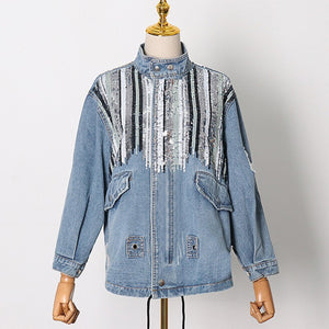 2021 New Fashion Collar Sequin Splicing Pocket Drawstring Cropped Denim Top Coat Jeans Patchwork Oversized Jean Jacket Women