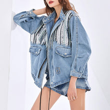Load image into Gallery viewer, 2021 New Fashion Collar Sequin Splicing Pocket Drawstring Cropped Denim Top Coat Jeans Patchwork Oversized Jean Jacket Women