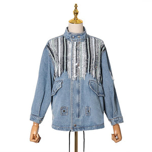 2021 New Fashion Collar Sequin Splicing Pocket Drawstring Cropped Denim Top Coat Jeans Patchwork Oversized Jean Jacket Women