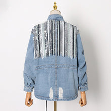 Load image into Gallery viewer, 2021 New Fashion Collar Sequin Splicing Pocket Drawstring Cropped Denim Top Coat Jeans Patchwork Oversized Jean Jacket Women