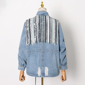 2021 New Fashion Collar Sequin Splicing Pocket Drawstring Cropped Denim Top Coat Jeans Patchwork Oversized Jean Jacket Women