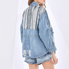 Load image into Gallery viewer, 2021 New Fashion Collar Sequin Splicing Pocket Drawstring Cropped Denim Top Coat Jeans Patchwork Oversized Jean Jacket Women