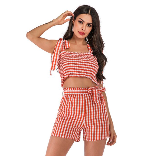 2021 New Fashion Home Holiday Summer Plaid Vest Suit Women Two-Piece Shorts