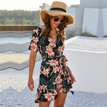 Load image into Gallery viewer, 2021 New Fashion Summer Floral Short Dress Women Casual V-neck Lace Up Print Mini Short Sleeve Print Ladies Dress