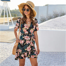 Load image into Gallery viewer, 2021 New Fashion Summer Floral Short Dress Women Casual V-neck Lace Up Print Mini Short Sleeve Print Ladies Dress