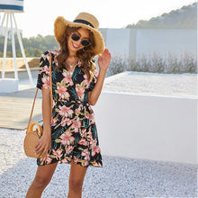 Load image into Gallery viewer, 2021 New Fashion Summer Floral Short Dress Women Casual V-neck Lace Up Print Mini Short Sleeve Print Ladies Dress