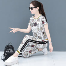 Load image into Gallery viewer, 2021 New Fashion Summer Two Piece Set Women Printed Short Sleeve Breathable Fabric Sportswear Pants Suits Black Pink White