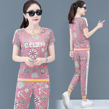 Load image into Gallery viewer, 2021 New Fashion Summer Two Piece Set Women Printed Short Sleeve Breathable Fabric Sportswear Pants Suits Black Pink White