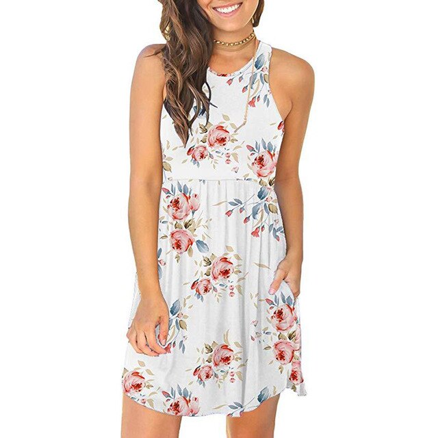 2021 New  Floral Printed Dress Women Sleeveless O-Neck Prairie Chic Beach Dress Summer Casual Mini Boho Sundress Femme