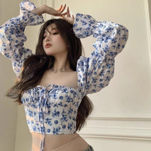 Load image into Gallery viewer, 2021 New Floral Top Women White Sweet Square Neck Long Puff Sleeve Ruched Drawstring Crop Top Summer Woman Party Blouse