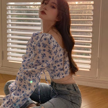 Load image into Gallery viewer, 2021 New Floral Top Women White Sweet Square Neck Long Puff Sleeve Ruched Drawstring Crop Top Summer Woman Party Blouse