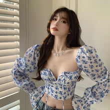 Load image into Gallery viewer, 2021 New Floral Top Women White Sweet Square Neck Long Puff Sleeve Ruched Drawstring Crop Top Summer Woman Party Blouse