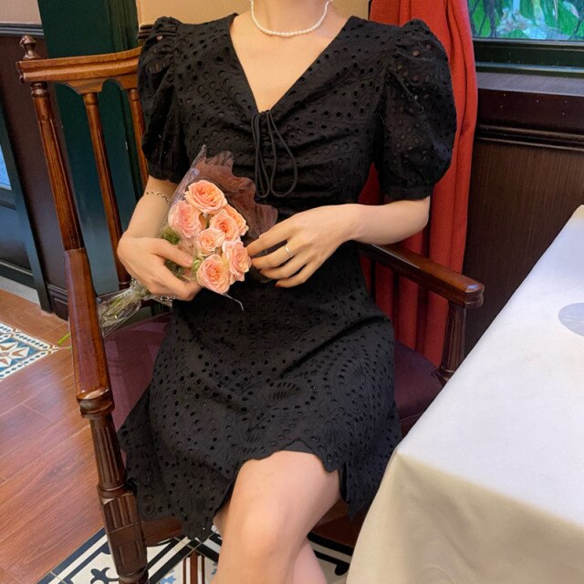 2021 New Korean Fashion Casual Summer Dress Women Sexy Drawstring V-Neck Lace Hollow Out White Mini Dresses Party Vestidos