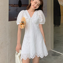 Load image into Gallery viewer, 2021 New Korean Fashion Casual Summer Dress Women Sexy Drawstring V-Neck Lace Hollow Out White Mini Dresses Party Vestidos