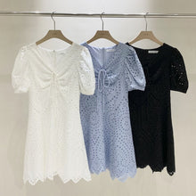 Load image into Gallery viewer, 2021 New Korean Fashion Casual Summer Dress Women Sexy Drawstring V-Neck Lace Hollow Out White Mini Dresses Party Vestidos
