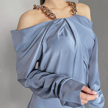 Load image into Gallery viewer, 2021 New Long Puff Sleeve Slash Neck Dress Satin Pleated Sexy Mini Dresses Spring Summer Women Solid Party Elegant Streetwear