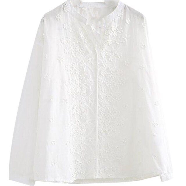 2021 New Pure Cotton Long-sleeved Shirt Korean Style Temperament All-match V-neck Hollow Embroidered White Tops